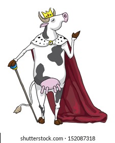 Cartoon cow with crown and scepter standing, vector illustration