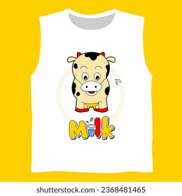 cartoon cow delivering milk to friend, child clothing design vector illustration