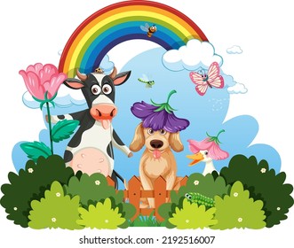 Cartoon cow and dog in bush illustration