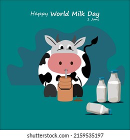 Cartoon cow drinking milk from a milk bucket. vector illustration of world milk day. June 11