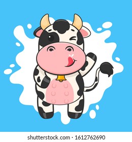 Cartoon cow drinking milk vector. For decorating dairy products on World Milk Day.