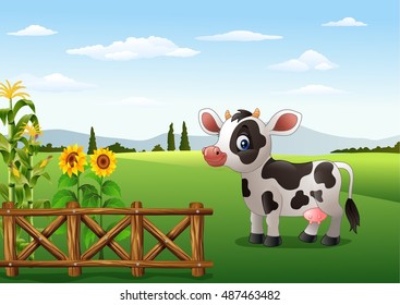 Cartoon cow with farm background