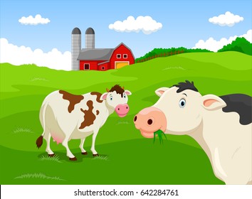 Cartoon cow with farm background