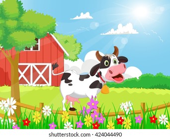 cartoon Cow with farm scenery