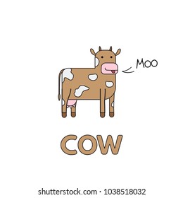 Cartoon cow flashcard. Vector illustration for children education