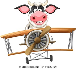 Cartoon cow flying an old-fashioned airplane