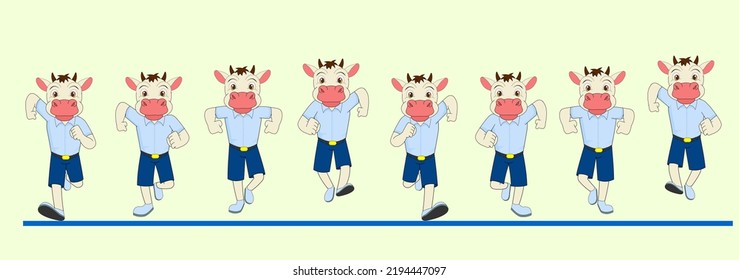 Cartoon Cow Frame by Frame Front Run Cycle, in school dress, Vector Illustration, Ready to use for 2D Animation, Infographics, Animated eLearning videos, Motion graphics, Animated Posters