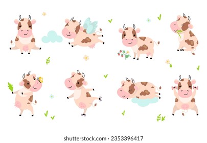 Cartoon cow. Funny cows, animals in different activity. Milk farm mammal animal characters. Isolated cattle, childish nowaday vector set