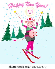 Cartoon cow goes skiing slalom between fir trees from the mountain. Humorous winter vacation tee shirt print with blue snowflakes and Chinese 2021 New Year holidays post card, party invitation