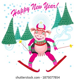 Cartoon cow goes skiing slalom between fir trees from the mountain. Humorous winter vacation tee shirt print with blue snowflakes and Chinese 2021 New Year holidays post card, party invitation