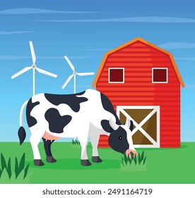 Cartoon cow grazing in a meadow with a red barn and wind turbines in the background. Vector.