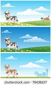 Cartoon cow grazing on a meadow. The illustration is in 3 different versions. On 2 of them you can see the buildings of diary farm in the distance. Proportions are 2:1.