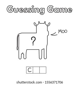 Cartoon cow guessing game. Vector illustration for children education