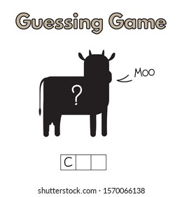 Cartoon cow guessing game. Vector illustration for children education