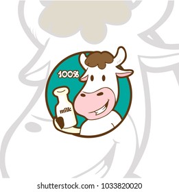 cartoon cow handling milk bottle illustration character logo