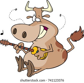 cartoon cow happily playing a guitar