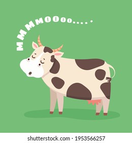 Cartoon cow. Happy farm cattle on grass field. Cute cow goes moo. Milk and dairy product funny animal mascot character or logo vector design for fresh organic food. Adorable mammal