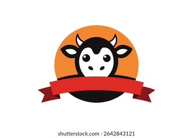 A cartoon cow head is encircled by a ribbon, creating a logo icon. The design uses CMYK colors and includes Helvetica and Courier fonts.