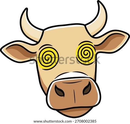 Cartoon cow head vector illustration, dizzy spiral eyes, funny animal face, whimsical bovine character, farm livestock art, isolated drawing, stock image