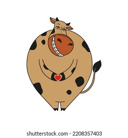 Cartoon cow with heart on white background. Design element. Isolated vector illustration.