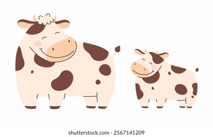 Cartoon cow and her baby. Flat vector illustration.