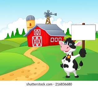 Cartoon cow holding blank sign with farm background
