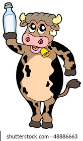 Cartoon cow holding bottle of milk - vector illustration.