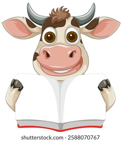 Cartoon cow holding an open book, smiling happily