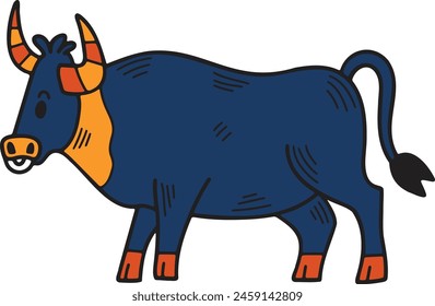 A cartoon cow with horns and a big mouth. The cow is standing in a field. The cow is smiling and looking at the camera