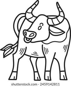A cartoon cow with horns and a big mouth. The cow is standing in a field. The cow is smiling and looking at the camera