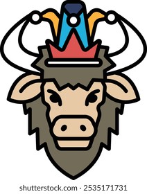 A cartoon cow with horns and a crown on its head. The cow has a menacing look on its face