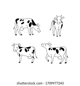 Cartoon cow icon set. Cute animal character in different poses. Vector illustration for prints, clothing, packaging, stickers.