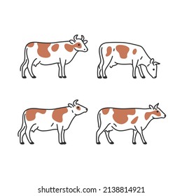 Cartoon cow icon set. Cute animal character in different poses. Vector illustration for prints, clothing, packaging, stickers.