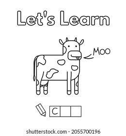 Cartoon cow learning game for small children - color and write the word. Vector coloring book pages for kids