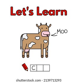 Cartoon cow learning game for small children - write the word. Vector illustration for kids