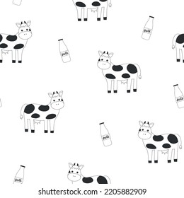 Cartoon cow and milk bottle seamless pattern. Black and white kids design. Farm packaging. Nursery print in Scandinavian style.