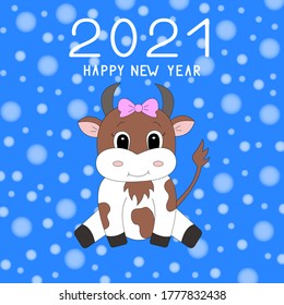 Cartoon cow. New year background 2021. Vector illustration.