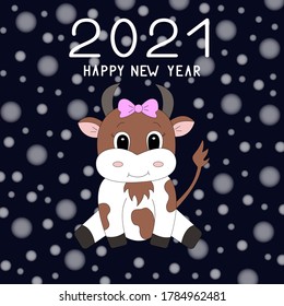 Cartoon cow. New year background 2021. Vector illustration.