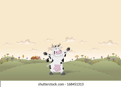 Cartoon cow on country farm landscape 