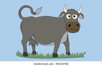 Cartoon cow on the green grass vector illustration