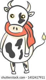 A cartoon of a cow with an orange scarf, vector, color drawing or illustration.
