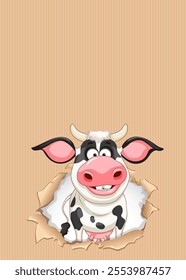 Cartoon cow peeking through torn paper