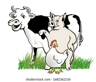 Cartoon Of A Cow, Pig, Chicken, Standing Together