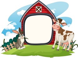 Cartoon cow and rabbit near a red barn
