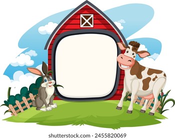 Cartoon cow and rabbit near a red barn