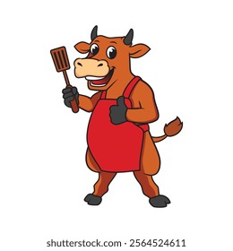 Cartoon cow in a red apron with a spatula. Vector illustration