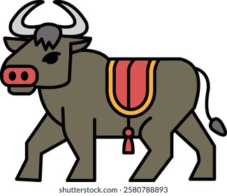 A cartoon cow with a red and yellow saddle on its back. The cow is walking with its head down