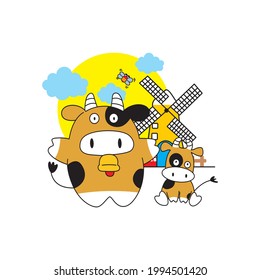 Cartoon cow relaxing in front of his house 