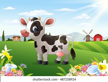 Cartoon cow in rural landscape with blooming flowers