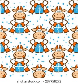 Cartoon cow seamless pattern on a white background.